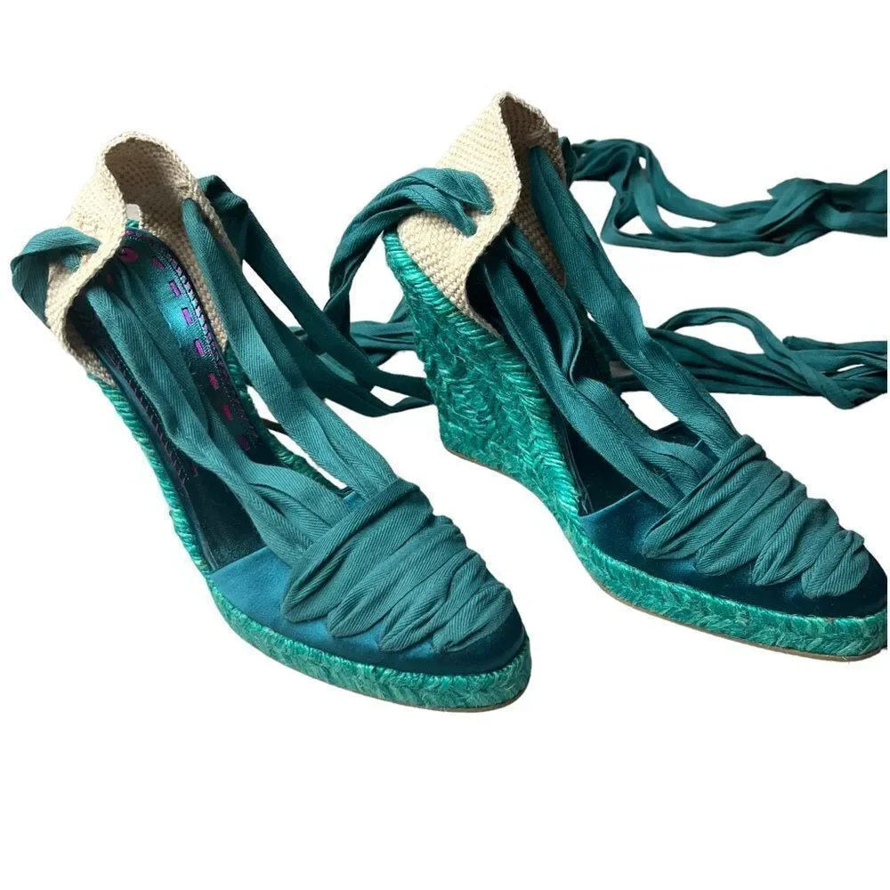 NWOT Emanuel Ungaro FAB Wedge Espadrilles in Teal Silk w/Sexy Lace-Up Design 8